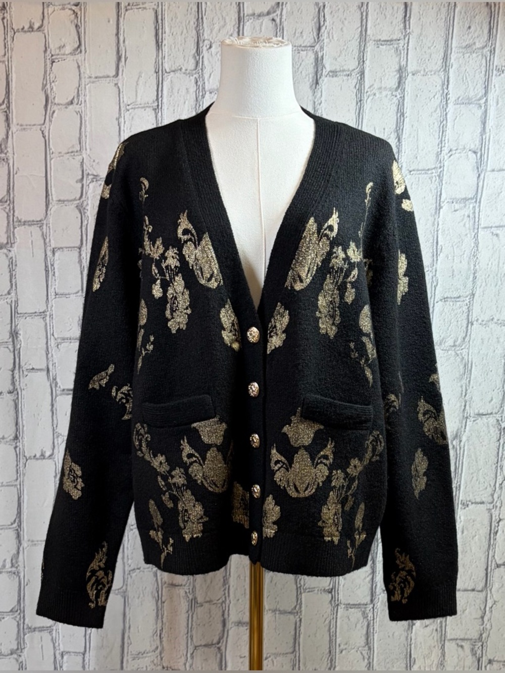 Macy’s Karl Lagerfeld Black and Gold Floral V-Neck Cardigan Sweater